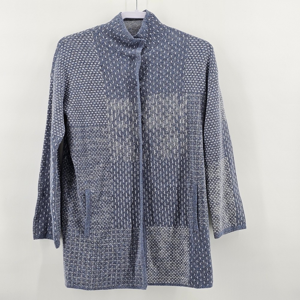 J.Jill Pure Jill Patchwork Snap Front Cardigan Blue Gray Pockets Size XS